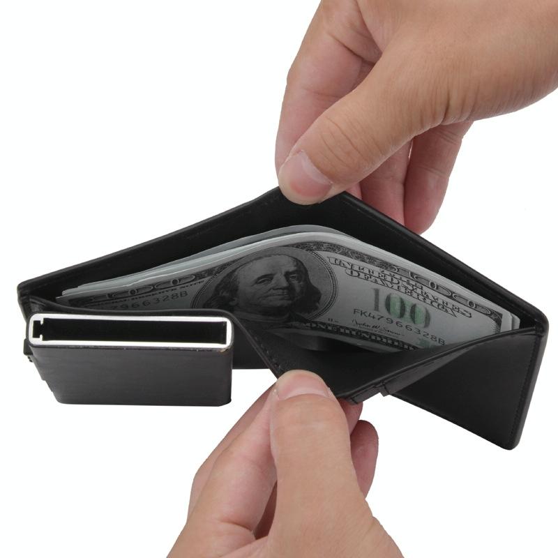 Rfid Blocking Short Wallet With Automatic Pop Up - Dark Brown