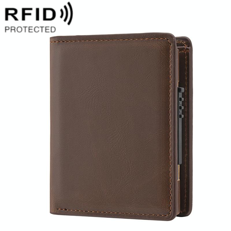 Rfid Blocking Short Wallet With Automatic Pop Up - Dark Brown